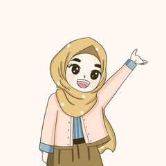 Modern Muslim woman in hijab headscarf. hijab teenager is raising hand up , muslim girl in hijab is waving hand