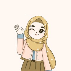 Modern Muslim woman in hijab headscarf. hijab teenager shows ok sign , muslim girl smiles