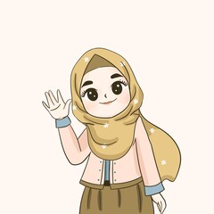 Modern Muslim woman in hijab headscarf. hijab teenager raises one hand , muslim girl smiles with hand up. muslim girl is greeting