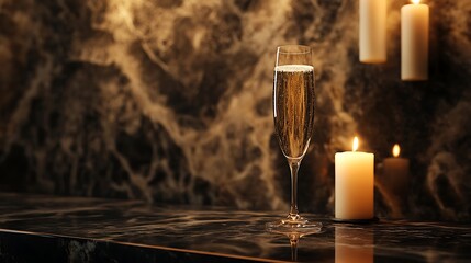 Elegant ambiance captured in champagne flute and flickering candlelight scene
