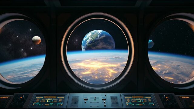 Earth and other celestial bodies are visible through the portholes of a spaceship control room