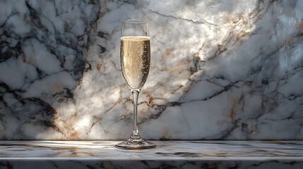 Elegant champagne flute with bubbles against luxurious marble backdrop, celebration