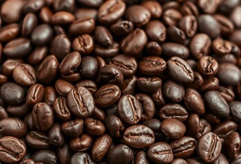 Obraz premium Dark brown coffee beans, close-up, rich texture, coffee, agriculture