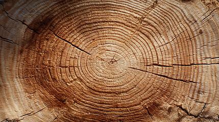 Naklejka premium Extreme close-up of a cut tree trunk showing concentric growth rings and cracks, illustrating the natural process of aging and serving as a rustic wood texture background.