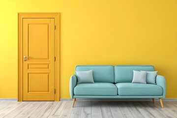 Mustard yellow door and a light blue sofa against a bright yellow wall.