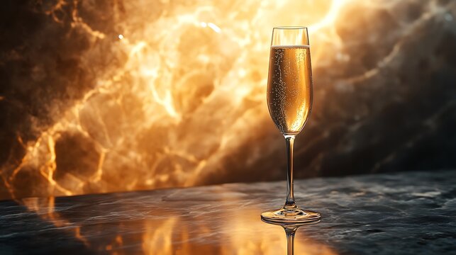 Elegant champagne flute with effervescent bubbles against a dramatic illuminated backdrop