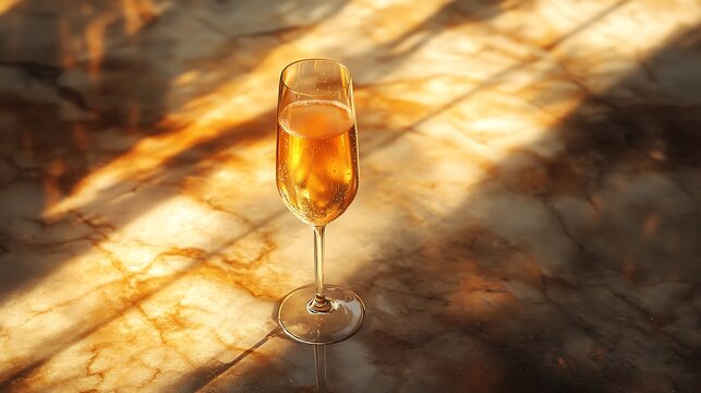 Elegance Reflected: A Champagne Flute on a Marble Surface Bathed in Sunlight