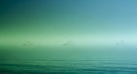 Three tall ship silhouette on foggy sea. Naval battle scene. Mysterious old sailing boat during a misty day. Warship concept.