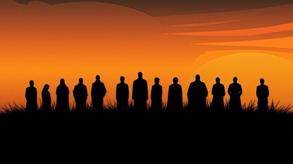 Fototapeta premium Silhouettes of diverse people standing on a horizon at sunset. Vibrant orange sky representing unity, community, and contemplation.