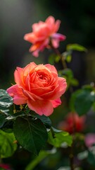 Close-up of a vibrant pink-orange rose in sunlight