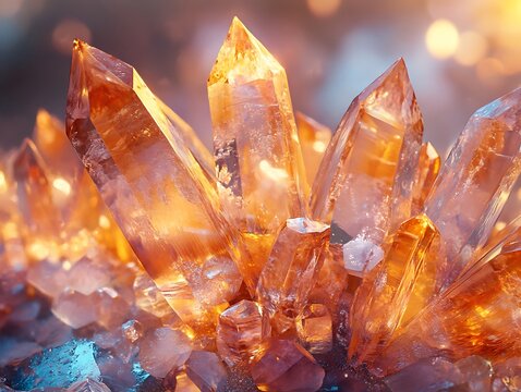 Ethereal quartz crystals with golden radiance, illuminating their multifaceted surfaces