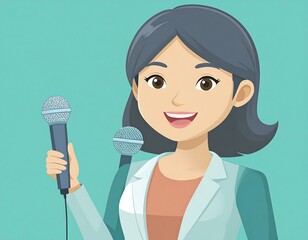 Cartoon reporter holding two microphones