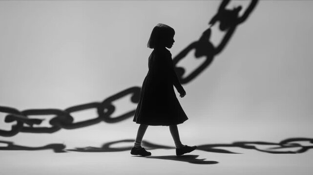 Freedom scene with silhouette breaking chains concept. A child walks forward, symbolizing liberation and hope against a backdrop of chained shadows.