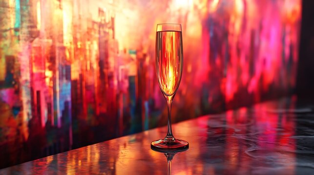 Elegant champagne flute amidst a vibrant, abstract city lights background