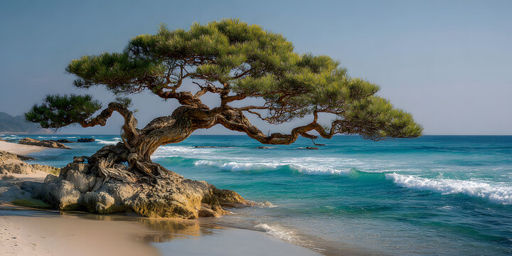 Coastal Bonsai: A resilient bonsai tree gracefully clings to a rocky outcrop on a sandy beach, its gnarled branches reaching towards the azure sea and cloudless sky.
