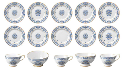 Luxury Porcelain Tableware – Blue & Gold Ornaments, Transparent Background