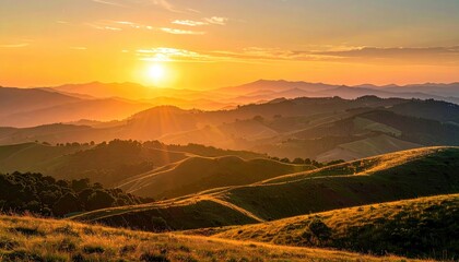Golden Farmland Illuminated by Sunlight with Geometric Patterns Scenic Daylight View of Repeating Fields at Sunset Yellow and Orange Tones with Silhouetted Hills