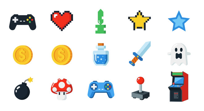 Collection of pixelated game icons representing various elements and items.