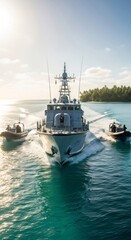 Naklejka premium Naval patrol boat with two smaller escort boats moving across ocean. Military maritime security operation near tropical island. Defense concept.