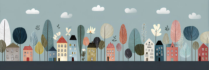 Hand-Drawn Gentle Townscape Full of Flowers
