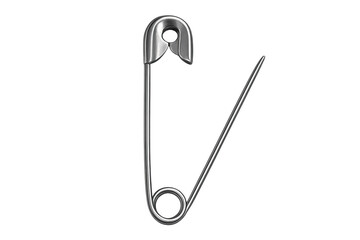 Open safety pin made of silver metal, transparent background