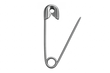 Open safety pin made of silver metal, transparent background