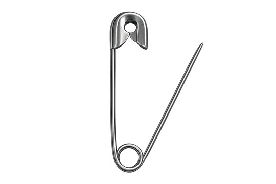 Open safety pin made of silver metal, transparent background