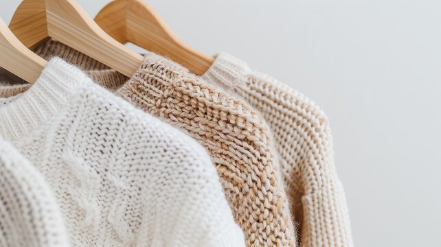 Warm knitted sweaters in white, cream, and beige on wooden hangers. Cozy autumn and winter fashion collection, wardrobe essentials. - Powered by Adobe