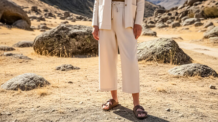 High-quality professional stock photo of a European woman with minimalist fashion sense, standing in a dry arid valley with scattered boulders