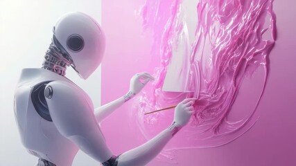 Robot artist crafting artwork with pink paint, showcasing creative process. Robot artist diligently paints with brush, producing abstract artwork, combining technology and artistry in dynamic display - Powered by Adobe