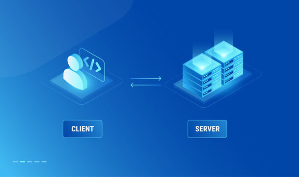 Client server connection model diagram - technology isometric infographics vector illustration