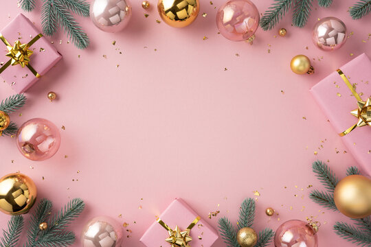 Vibrant pink holiday scene featuring gifts, ornaments, pine branches, and festive accents. Bright, elegant, and celebratory mood perfect for seasonal campaigns and greeting material
