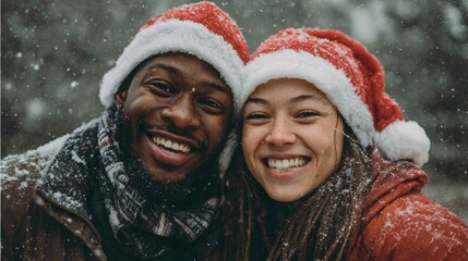 Happy moment: young african male and caucasian female in santa hats enjoy snowy day