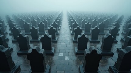 Fototapeta premium Misty Graveyard Cemetery with Tombstones and Autumn Fog: Tranquil and Somber Outdoor Landscape for Spiritual Travel and Memorial Remembrance