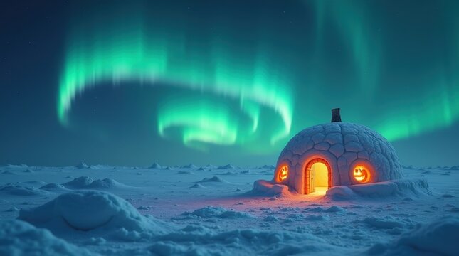 Igloo Under Aurora Borealis in Arctic Winter Night: Experience the Stunning Winter Wonderland and Explore the Magical Northern Lights in a Tranquil Snowy Landscape