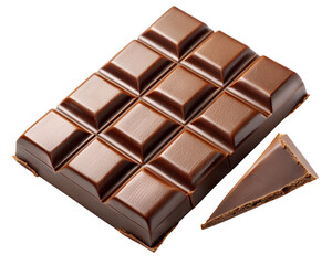 A rich milk chocolate bar with a broken piece next to it isolated on transparent background