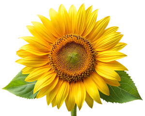 Fototapeta premium Bright yellow sunflower with green leaves isolated on transparent background
