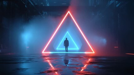 Silhouette of person walking towards glowing neon triangle in futuristic dark room. - Powered by Adobe