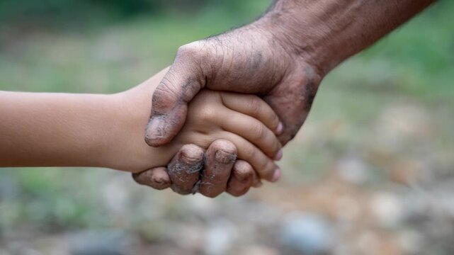 Freedom scene with silhouette breaking chains concept. Hands of a child and an adult grasping each other, bound by rusted chains, symbolizing struggle and resilience.