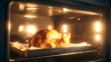 Golden Roast in Oven: A tantalizing image capturing the warmth and aroma of a perfectly roasted chicken, nestled in the heart of a home oven, promises a feast of culinary delight.