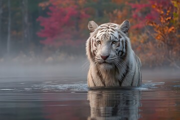 A white tiger emerges from a misty lake at dawn in autumn, with colorful autumn leaves reflecting on the water