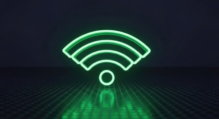 Neon green Wifi symbol glowing against a dark, reflective background
