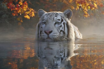 A white tiger emerges from a misty lake at dawn in autumn, with colorful autumn leaves reflecting on the water