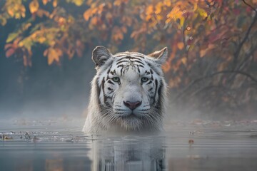 A white tiger emerges from a misty lake at dawn in autumn, with colorful autumn leaves reflecting on the water
