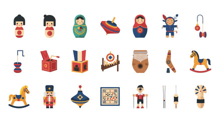 Fototapeta premium Collection of Vintage Toys - Matryoshka Dolls, Spinning Tops, and Rocking Horses.