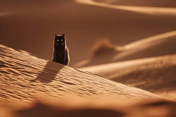 A black cat stands on a sand dune, its gaze focused directly towards the camera. The surrounding landscape glows in orange and brown, with soft shadows stretching across the textured dunes