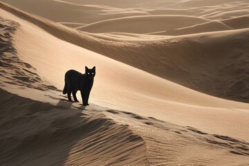 A black cat stands on a sand dune, its gaze focused directly towards the camera. The surrounding landscape glows in orange and brown, with soft shadows stretching across the textured dunes