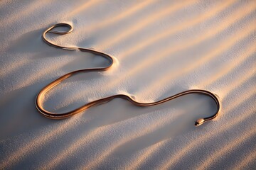 A desert snake slithers across a sunlit dune, its slender body partially buried as it moves, leaving a delicate trail of winding patterns in the sand