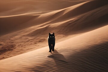 A black cat stands on a sand dune, its gaze focused directly towards the camera. The surrounding landscape glows in orange and brown, with soft shadows stretching across the textured dunes
