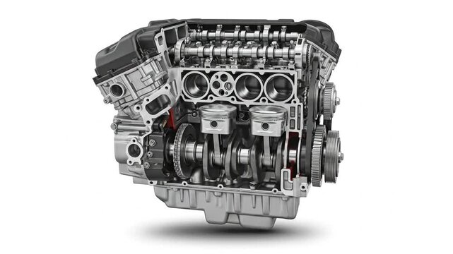 Cutaway engine model revealing pistons crankshaft camshaft and internal components